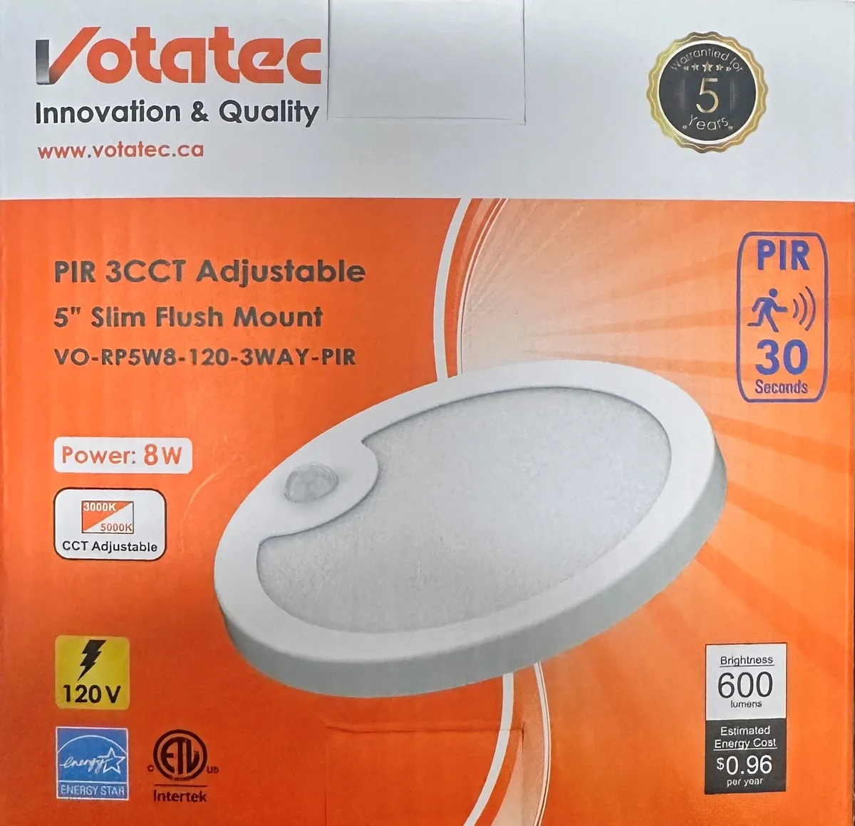 Votatec 8W 5" Adjustable LED Slim Flush Mount with Motion Sensor - VO-RP5W8-120-3WAY-PIR White — VOTATEC (8W, 3000K)