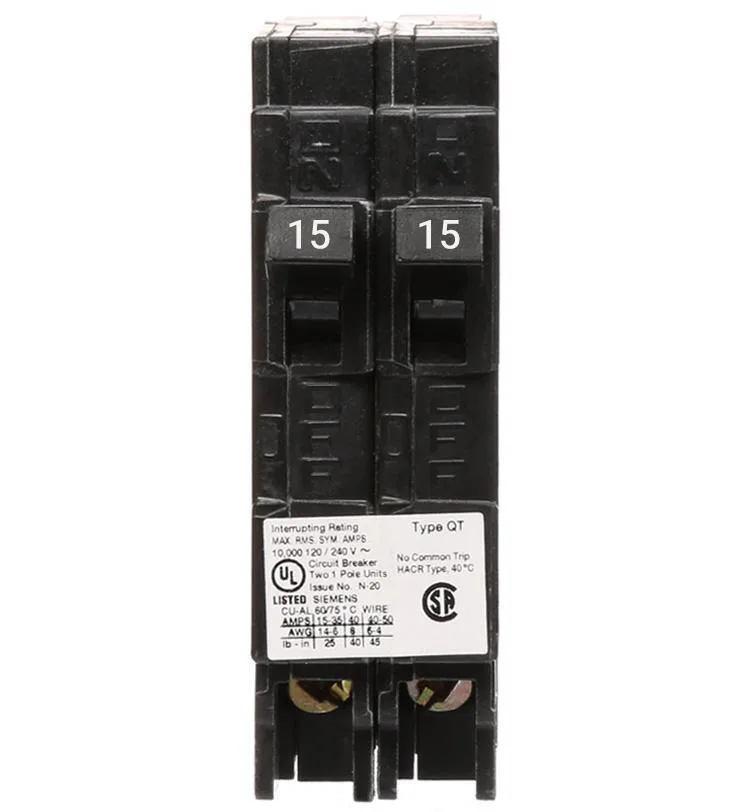 Siemens Q1515NC Tandem 15/15 Amp Single Pole Circuit Breaker — Siemens (3in, 1in)