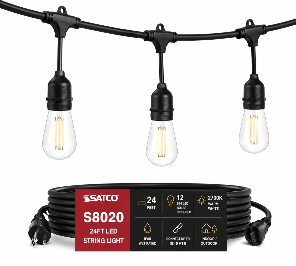 SATCO S8020 24FT LED String Light – 12 S14 Bulbs, 2700K Warm White — Satco (1W, 2700K)