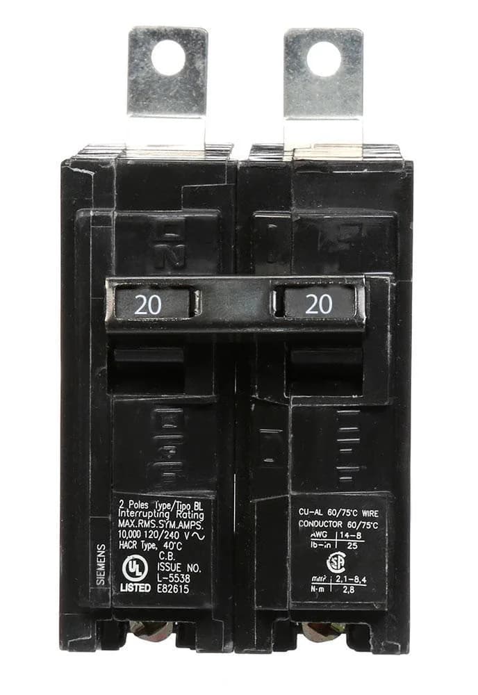 Siemens B220 20 Amp Double Pole Bolt-On Circuit Breaker — Siemens (5in, 2in)