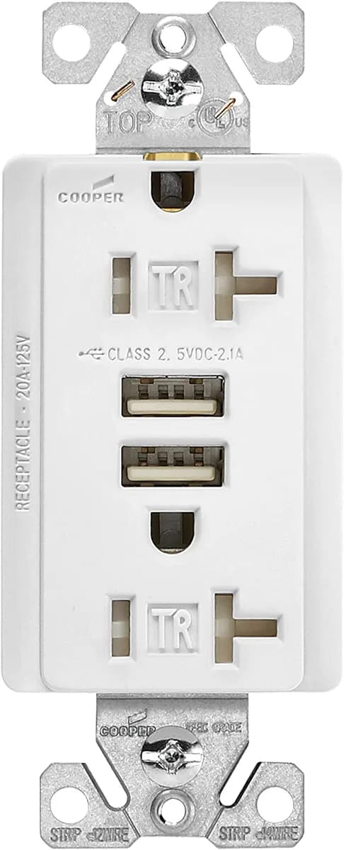 Eaton TR7756W 20 Amp 125V Combination USB 3.1A Charger with Duplex Receptacle — EATON