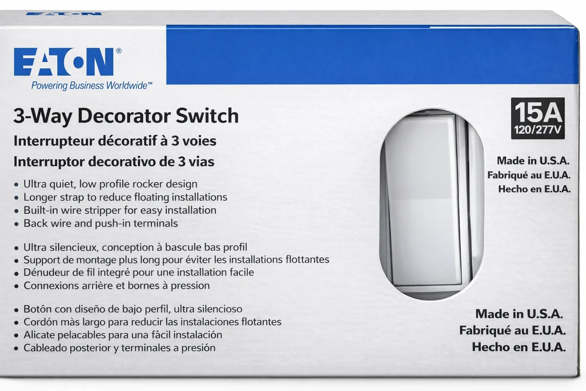 Eaton 7503W, 10Pack, 3-Way Decorative Standard Rocker Switch, 120/277 Vac, 15 A, 3 Way, White — Eaton