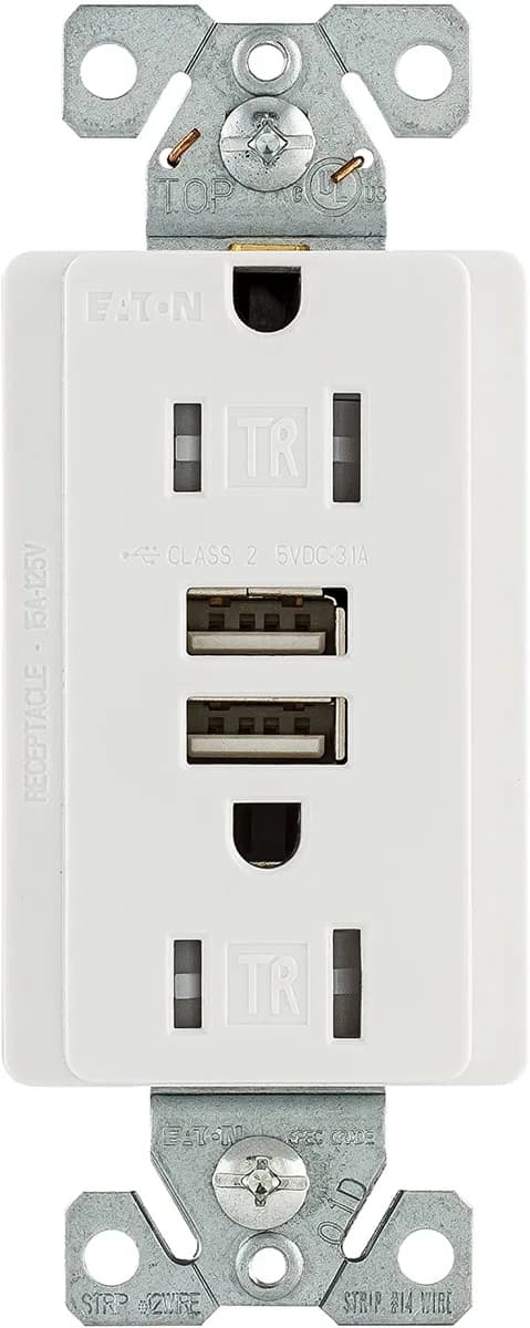 Eaton TR7755W 15 Amp 125V Combination USB 3.1A Charger with Duplex Receptacle, White — EATON