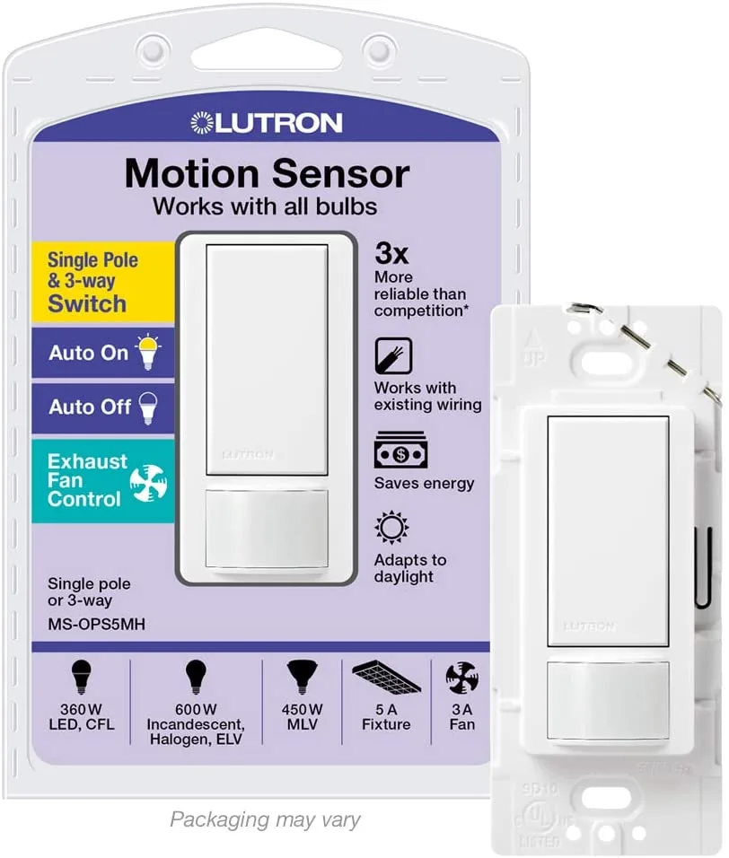 Lutron Maestro 5-Amp Single-Pole/3-Way Motion Sensing Switch, White — LUTRON (600W, 450W)