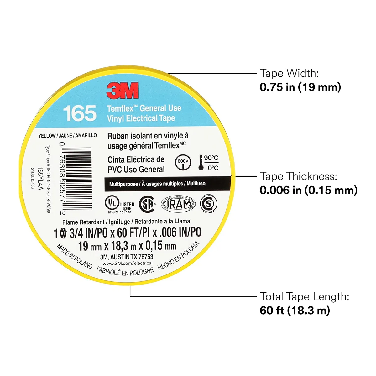 3M Temflex Multi-Purpose Vinyl Electrical Tape 165, Yellow, 3/4 in x 60 ft (19 mm x 18 m), 10 Roll Pack — 3M