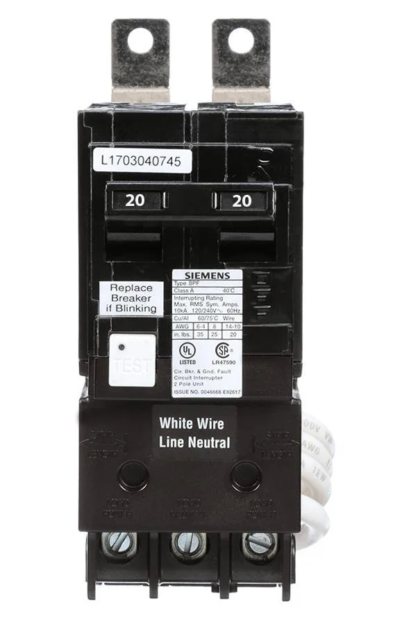 Siemens BF220 20 Amp Double Pole GFCI Bolt-On Circuit Breaker — Siemens (5in, 2in)