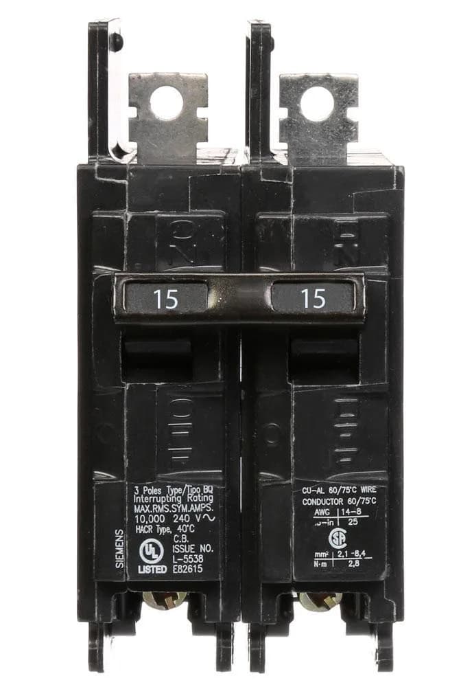 Siemens BQ2B015 15 Amp Double Pole BQ Bolt-On Circuit Breaker — Siemens (4in, 1in)