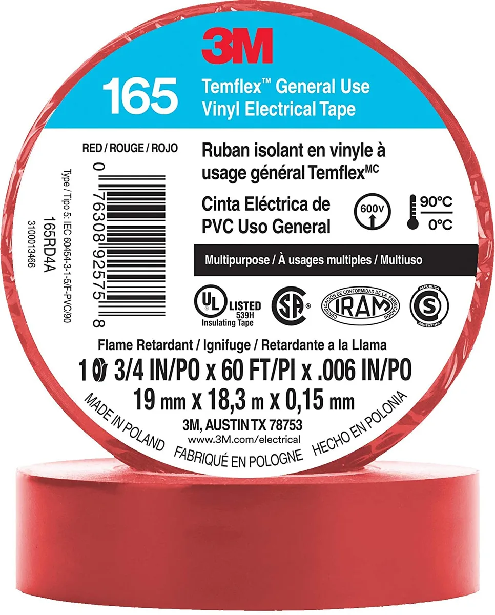 3M Temflex Multi-Purpose Vinyl Electrical Tape 165, Red, 3/4 in x 60 ft (19 mm x 18 m), 10 Roll Pack — 3M