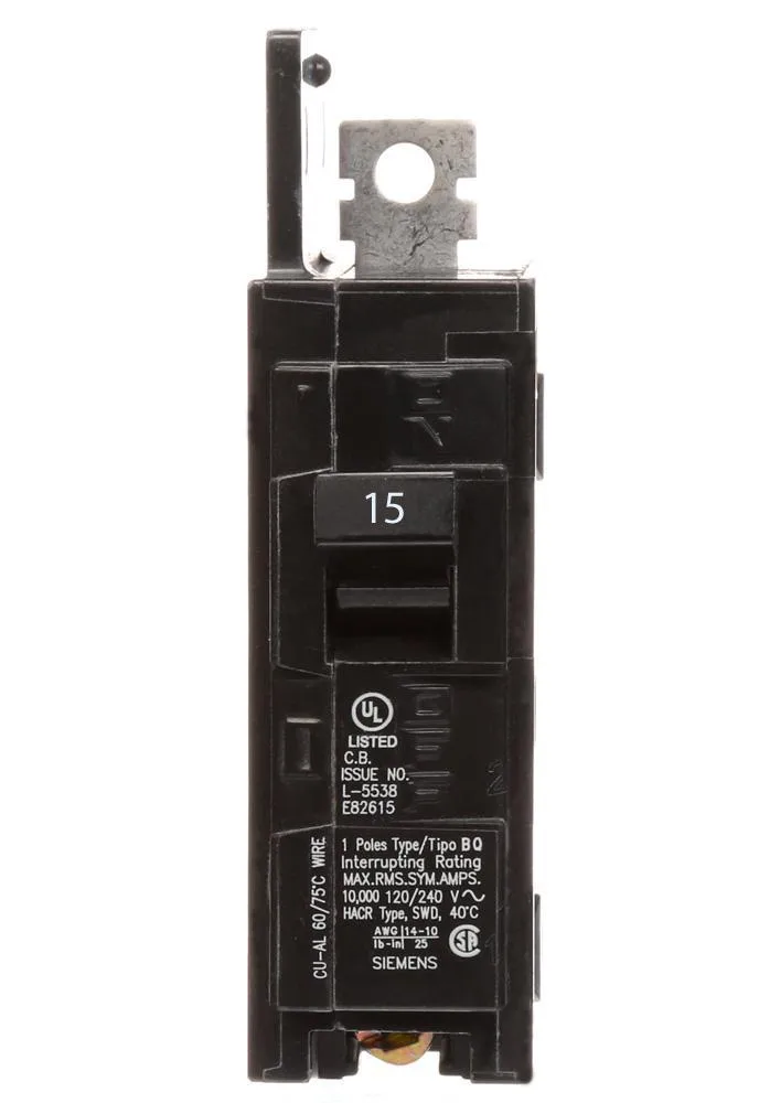 Siemens BQ1B015 15 Amp Single Pole BQ Bolt-On Circuit Breaker — Siemens (4in, 1in)