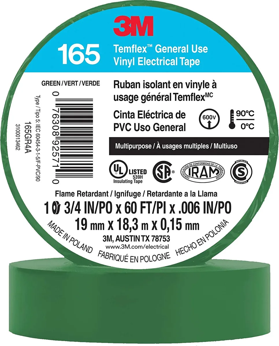 3M Temflex Multi-Purpose Vinyl Electrical Tape 165, Green, 3/4 in x 60 ft (19 mm x 18 m), 10 Roll Pack — 3M