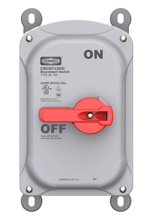 Industrial Grade, Motor Disconnect, Unfused, 3 Pole, 30A 600V AC, Screw Terminals, IP69k, NEMA Type 4X, 12 Non-Metallic Sloped Top Enclosure, HBLAC2 Aux Contact — Hubbell (4in)