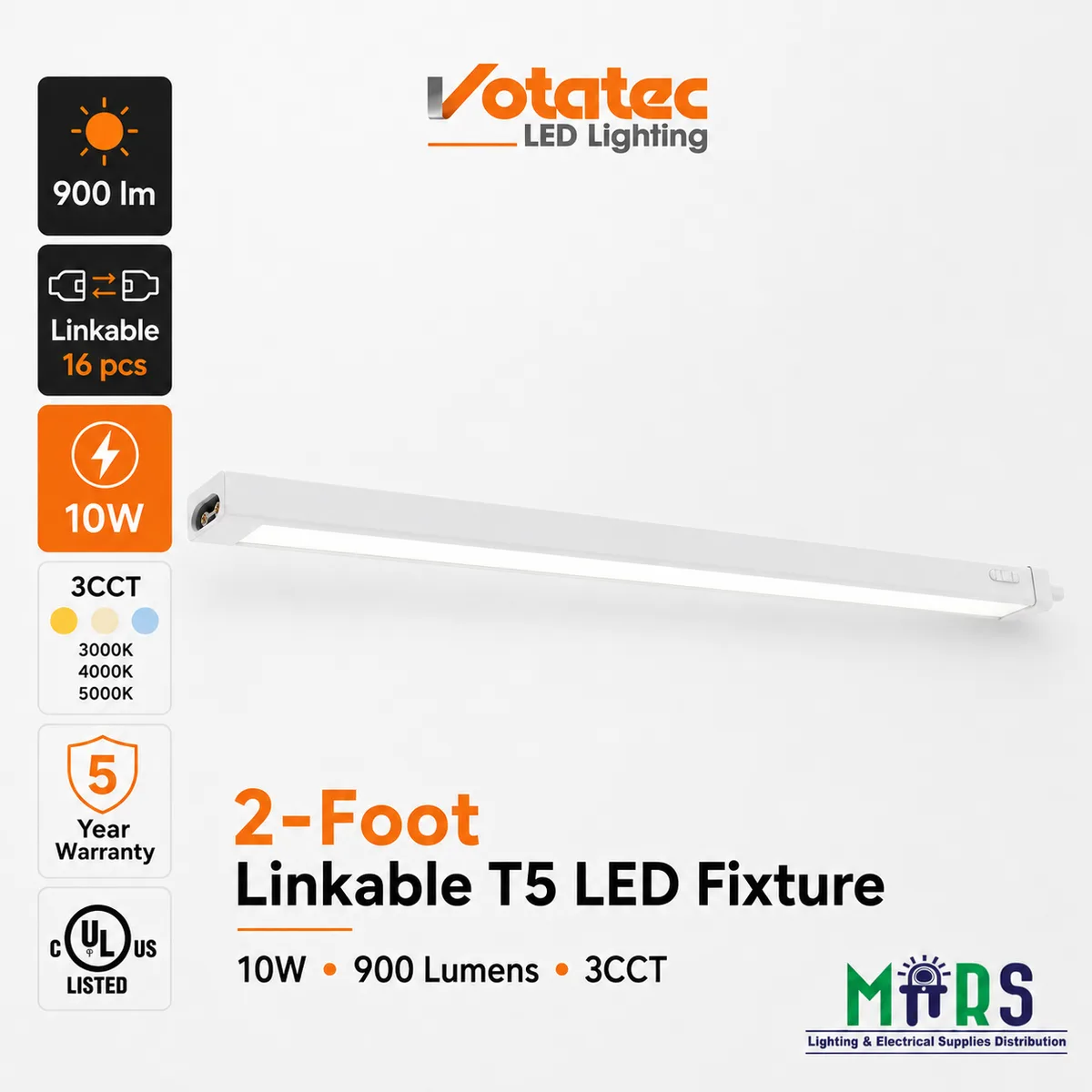 Votatec VO-T5FIXW9FT2 2-Foot Under-Cabinet Linkable T5 LED Fixture, 9W, 900 Lumens, 3CCT — VOTATEC (9W, 3000K)