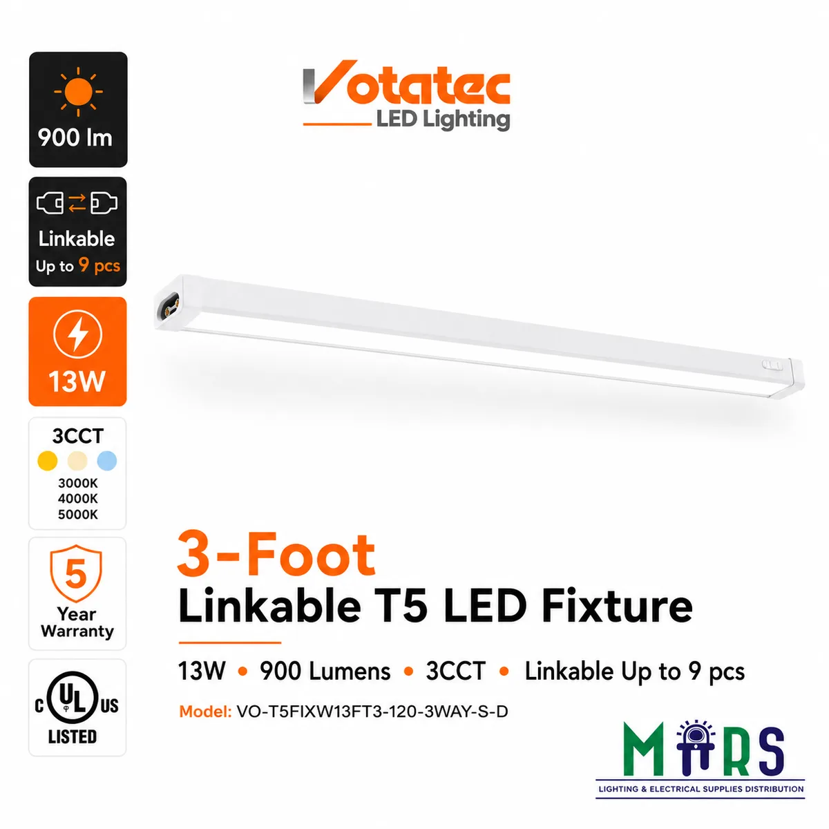 Votatec VO-T5FIXW13FT3 3-Foot Under-Cabinet Linkable T5 LED Fixture, 13W, 1300 Lumens, 3CCT — VOTATEC (13W, 3000K)