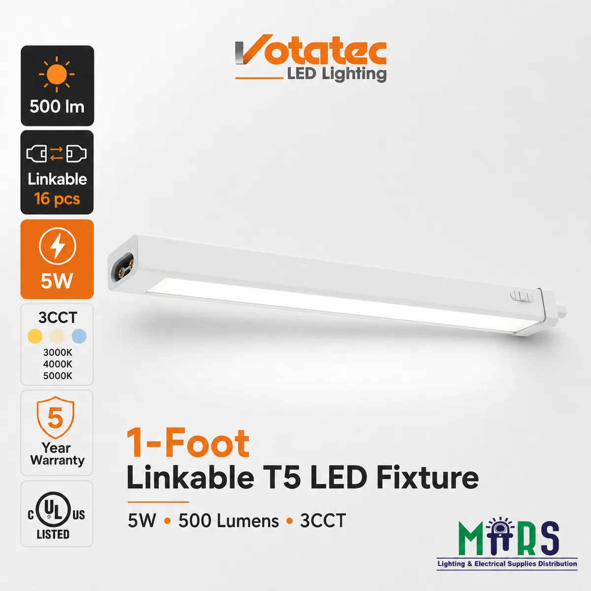Votatec VO-T5FIXW5FT1-120-3WAY-S-D 5W 1-Foot Under-Cabinet Linkable T5 LED Fixture, 5W, 500 Lumens, 3CCT — VOTATEC (5W, 3000K)