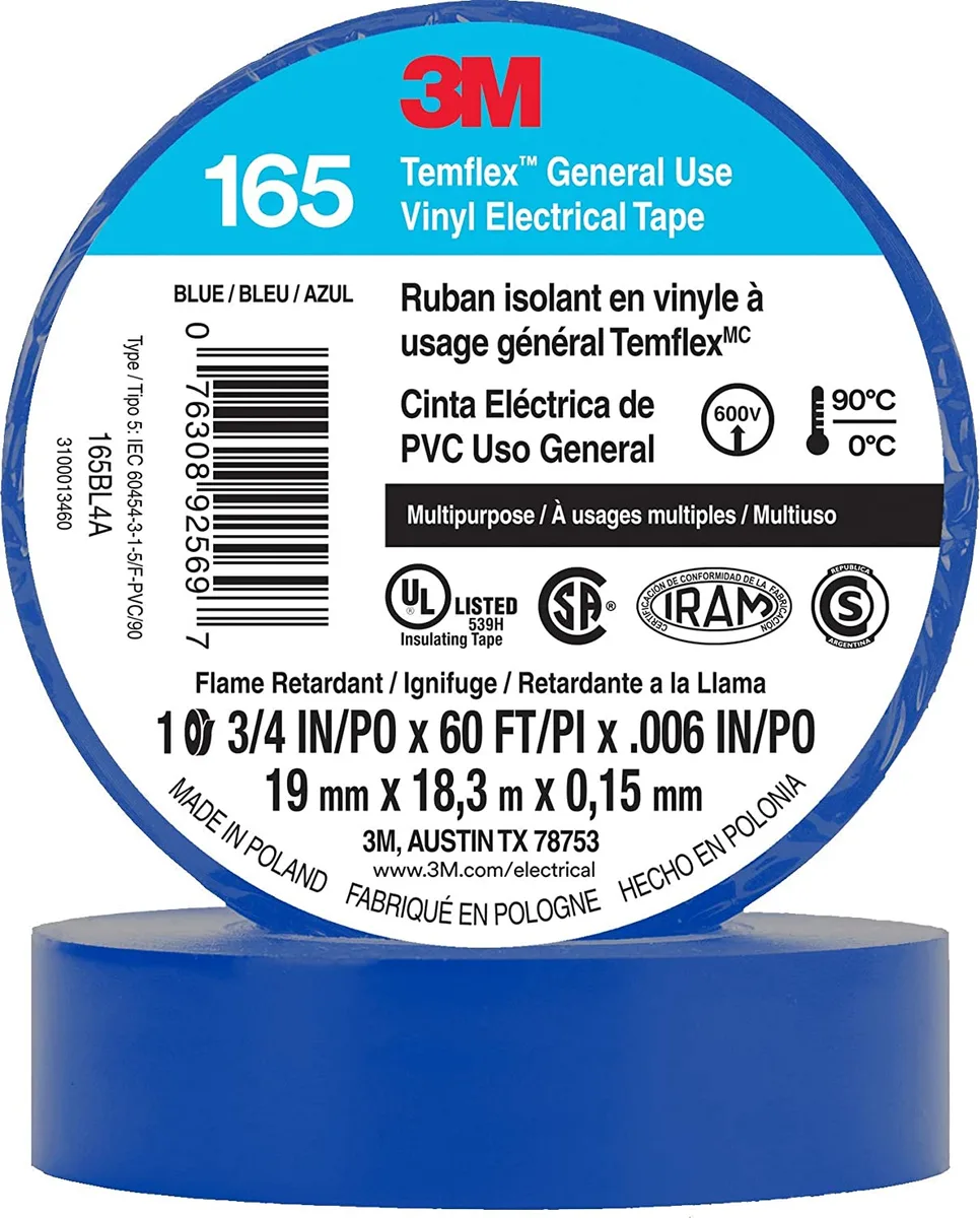 3M Temflex Multi-Purpose Vinyl Electrical Tape 165, Blue, 3/4 in x 60 ft (19 mm x 18 m), 10 Roll Pack — 3M