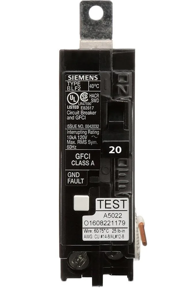 Siemens BF120A 20 Amp Single Pole GFCI Bolt-On Circuit Breaker — Siemens (5in, 1in)