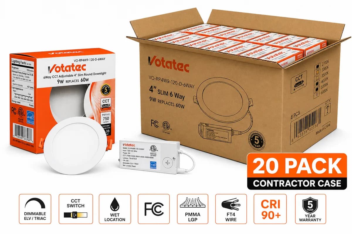 Votatec VO-RP4W9-120-D-6WAY/WH 4" Slim Round LED Panel 9W 120V 6CCT – 20 Pack Contractor Case — VOTATEC (9W, 6000K)