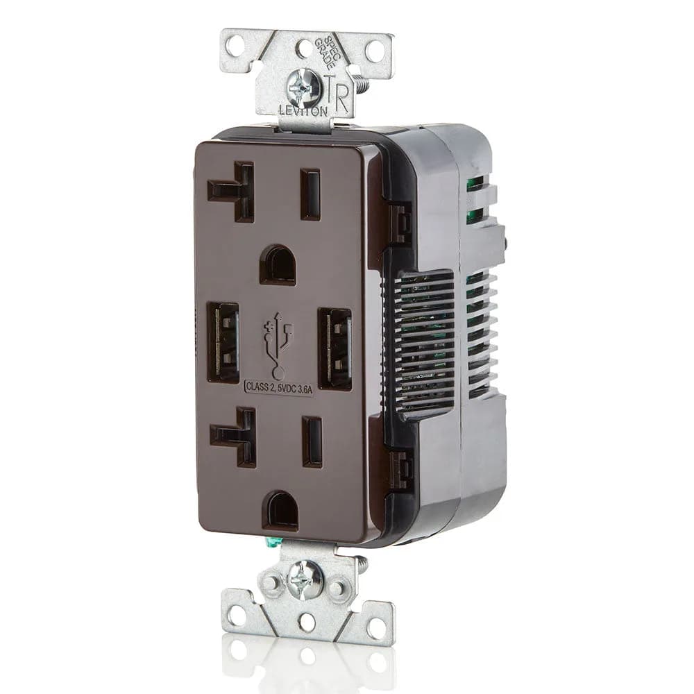 Leviton T5832 3.6A USB Type-A/Type-A Wall Outlet Charger with 20A Tamper-Resistant Receptacles — LEVITON (14in)