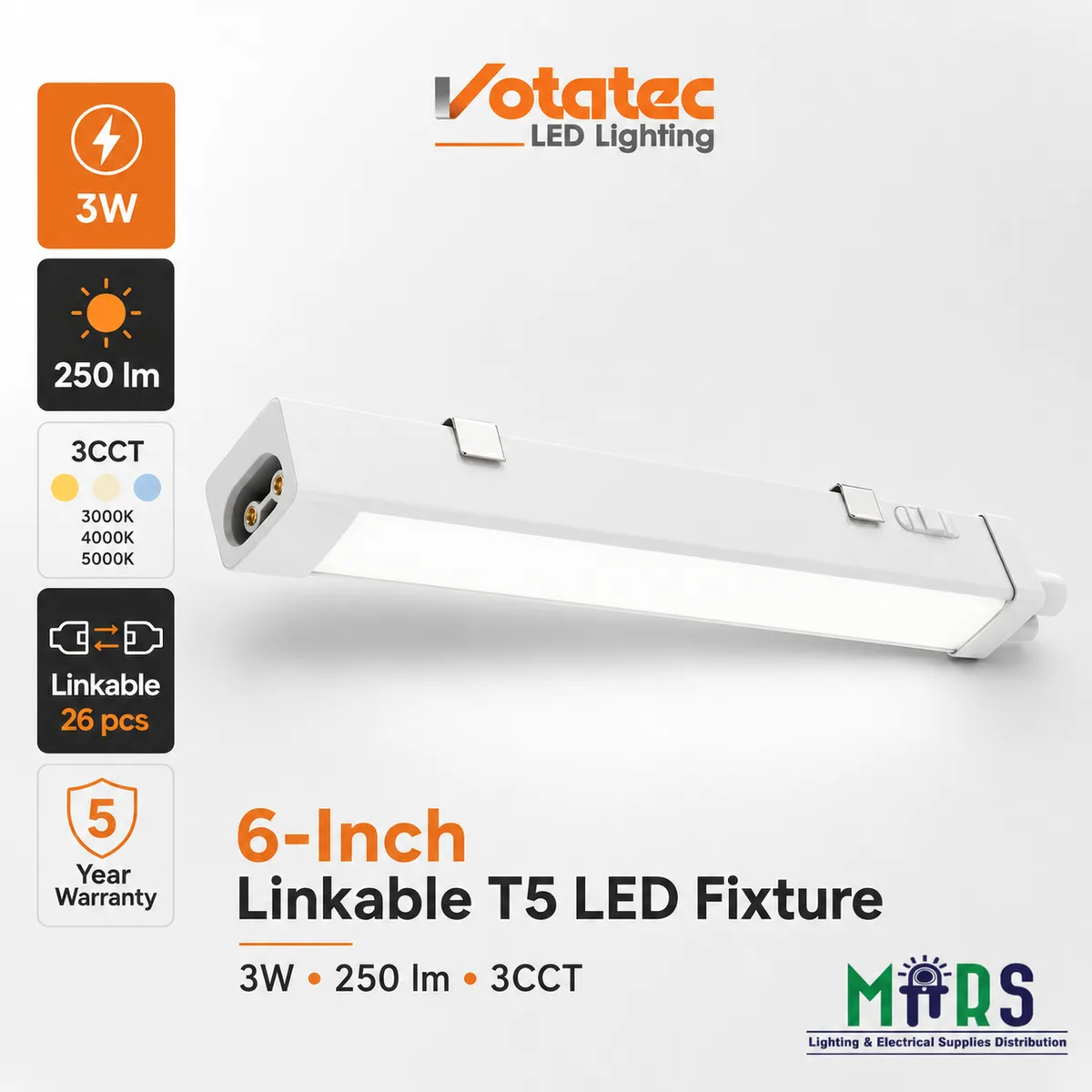 Votatec VO-T5FIXW3FT0.5 6-Inch Under-Cabinet Linkable T5 LED Fixture, 3W, 250 Lumens, 3CCT — VOTATEC (3W, 3000K)