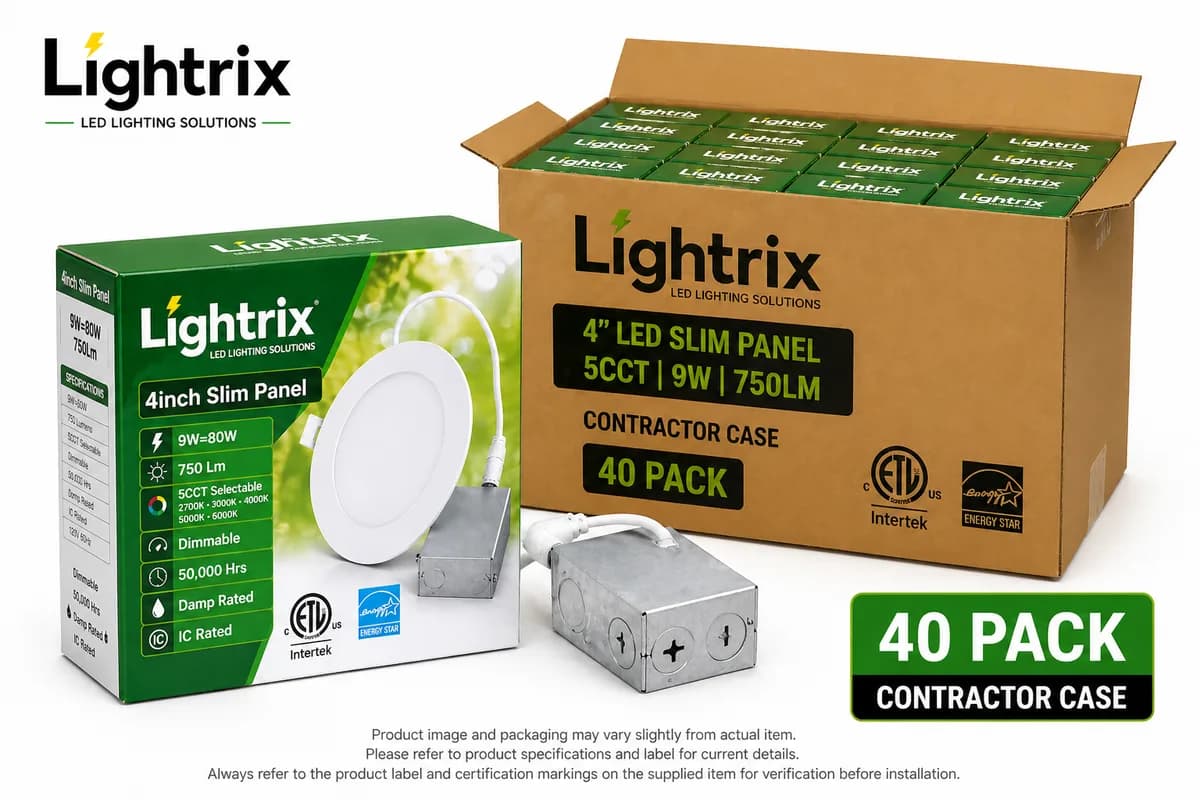 Lightrix 4” LED Slim Panel 9W 750LM 5CCT Round Potlight – 40 Pack Contractor Case — Certified (9W, 2700K)