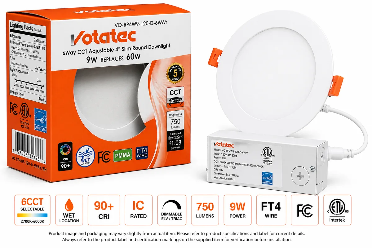 Votatec VO-RP4W9-120-D-6WAY 4" Slim Round LED Panel Light 9W 6CCT 120V — VOTATEC (9W, 2700K)