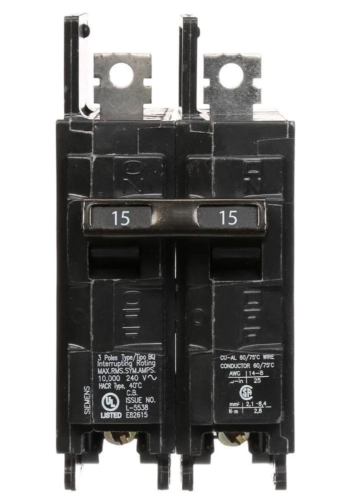 Siemens BQ2B015 15 Amp Double Pole BQ Bolt-On Circuit Breaker — Siemens (4in, 1in)