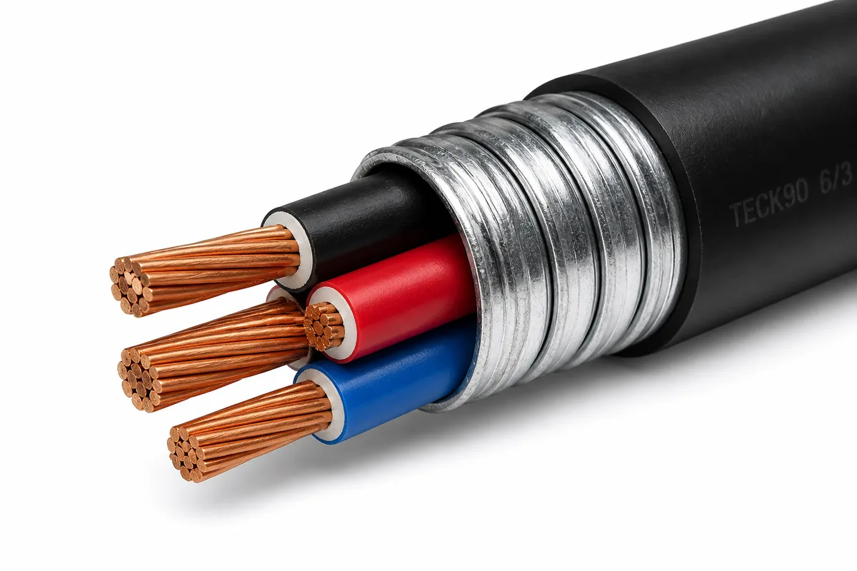 6/3 TECK90 Armoured Copper Cable – 1000V Outdoor Feeder Wire for EV Chargers, Hot Tubs & Sub-Panels — Certified (4in, 1in)